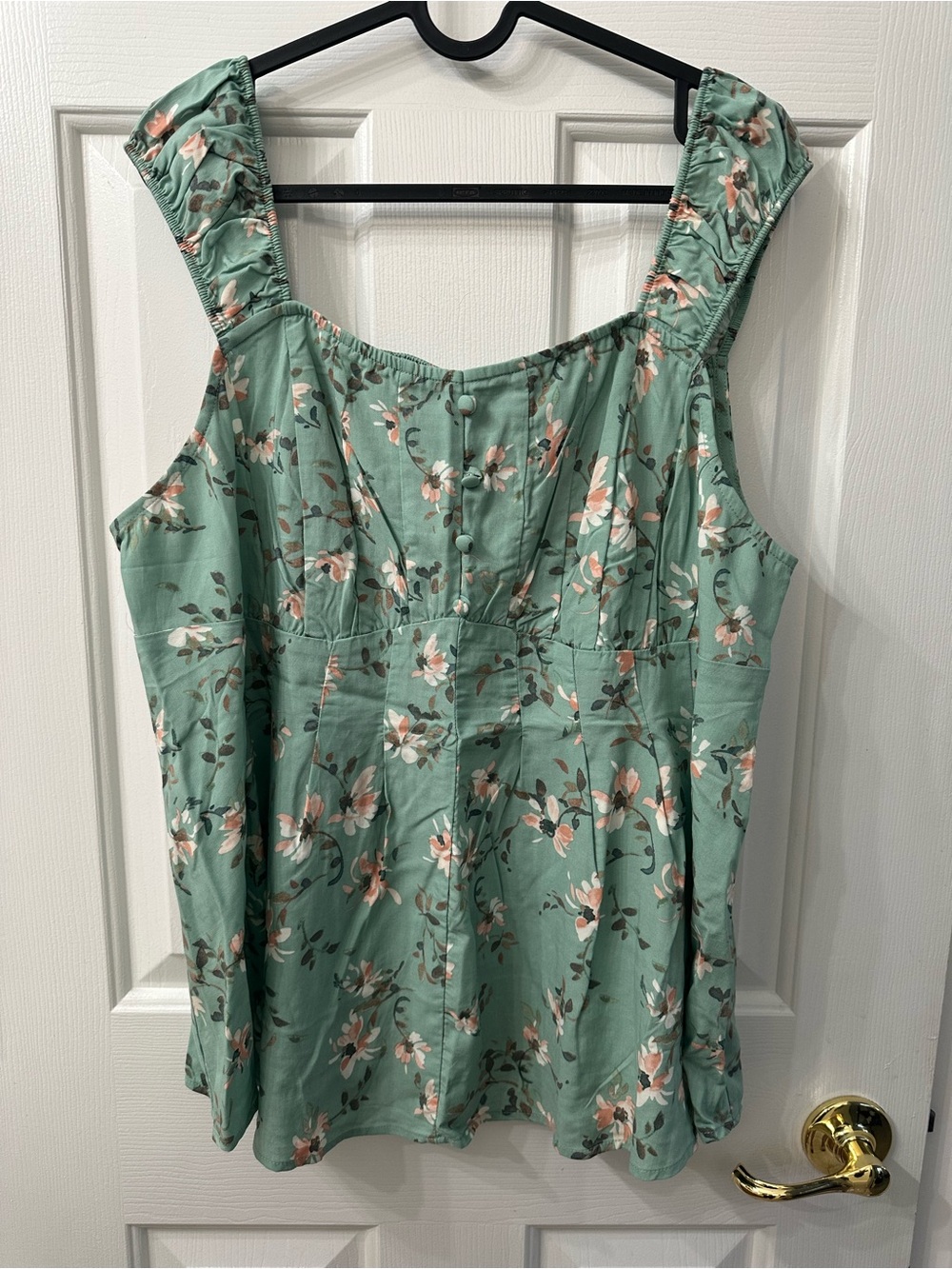 Torrid Top Sleeveless Blouse Sage Green Coral Floral Square-Neck Elastic 1X NWT